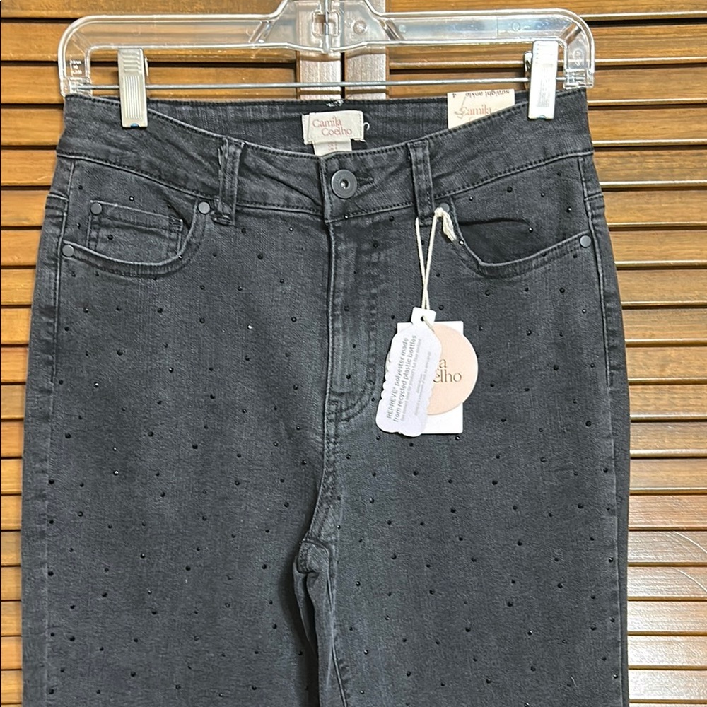 NWT Camila Coelho Black Gem Sparkle Baggy Straight Ankle Length Jeans Size 4